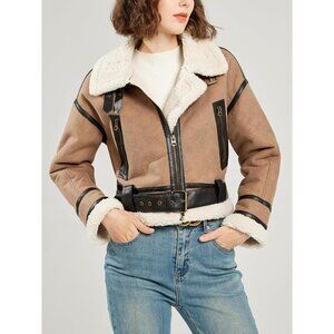 LY VAREY LIN Women's Faux Shearing Khaki Jacket Cropped Aviator Leather Coat